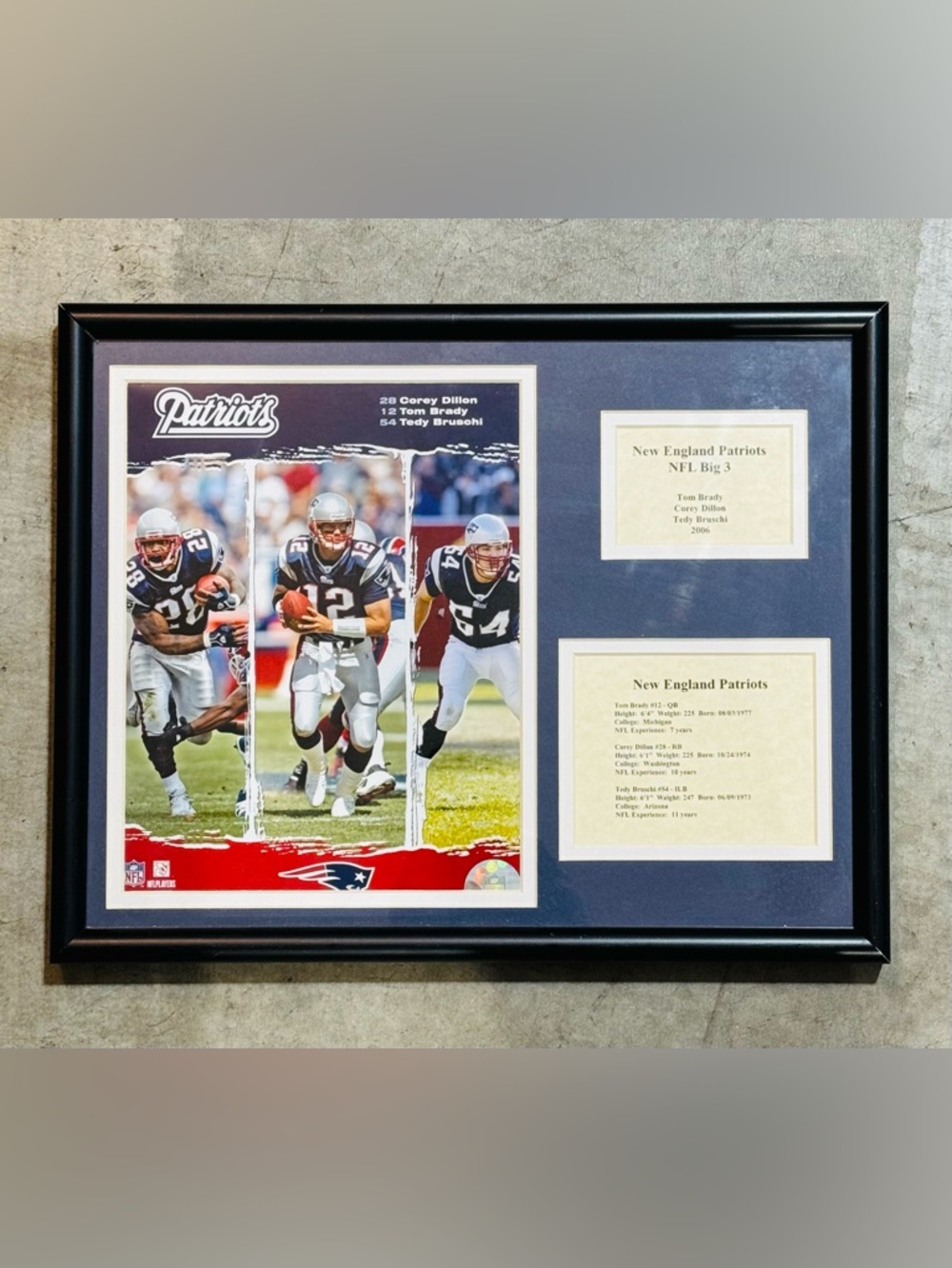 New England Patriots NFL Big 3 Tom Brady, Cory Dillon, Tedy Bruschi Framed